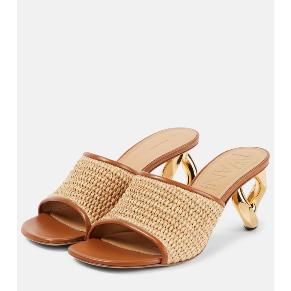 JW Anderson Tan Raffia Chain Link Heel Mules Square Toe Sandals IT 40 US 9/9.5